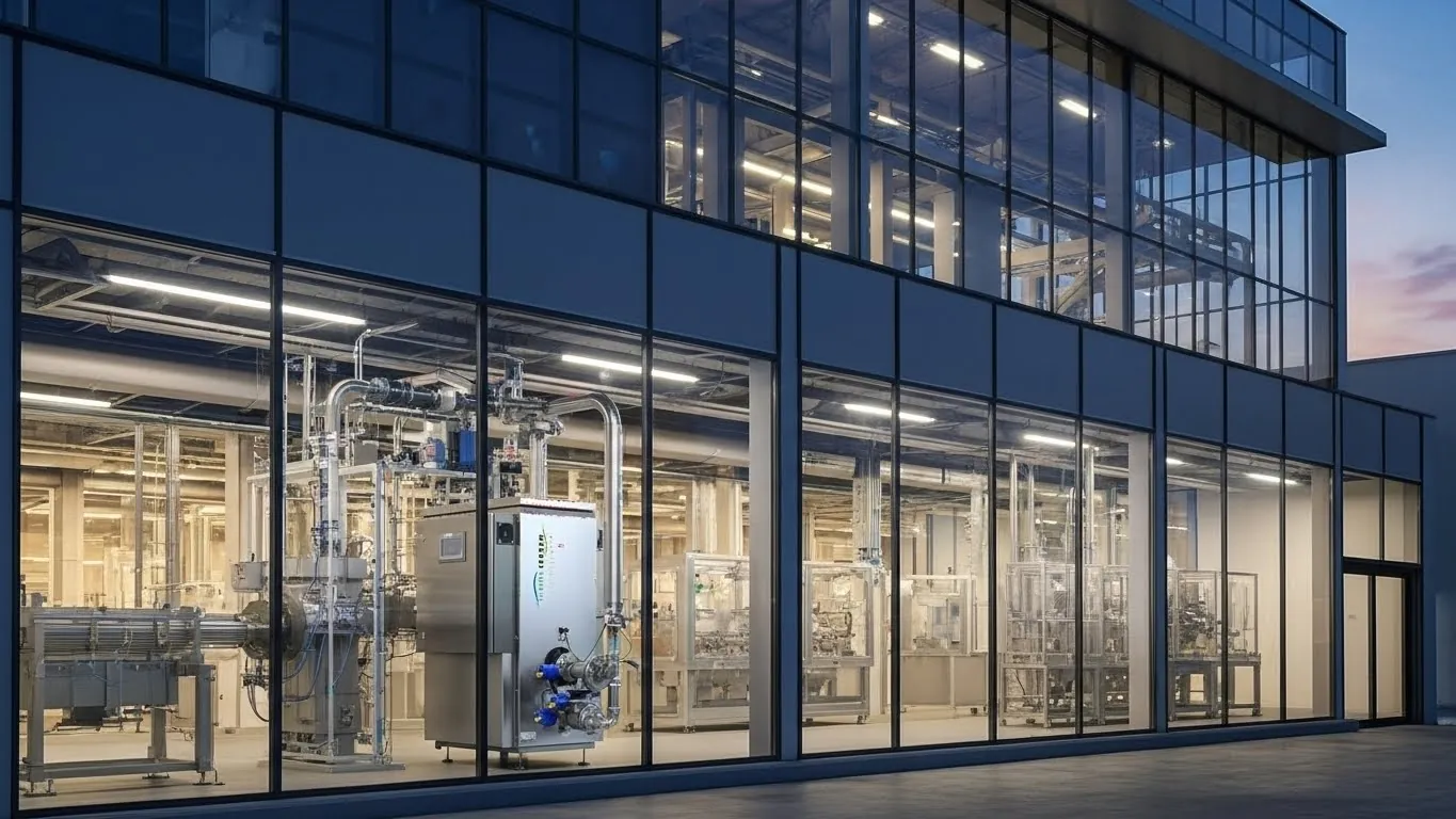 Industrieel UV-C waterdesinfectiesysteem met roestvrijstalen behuizing in fabrieksomgeving
